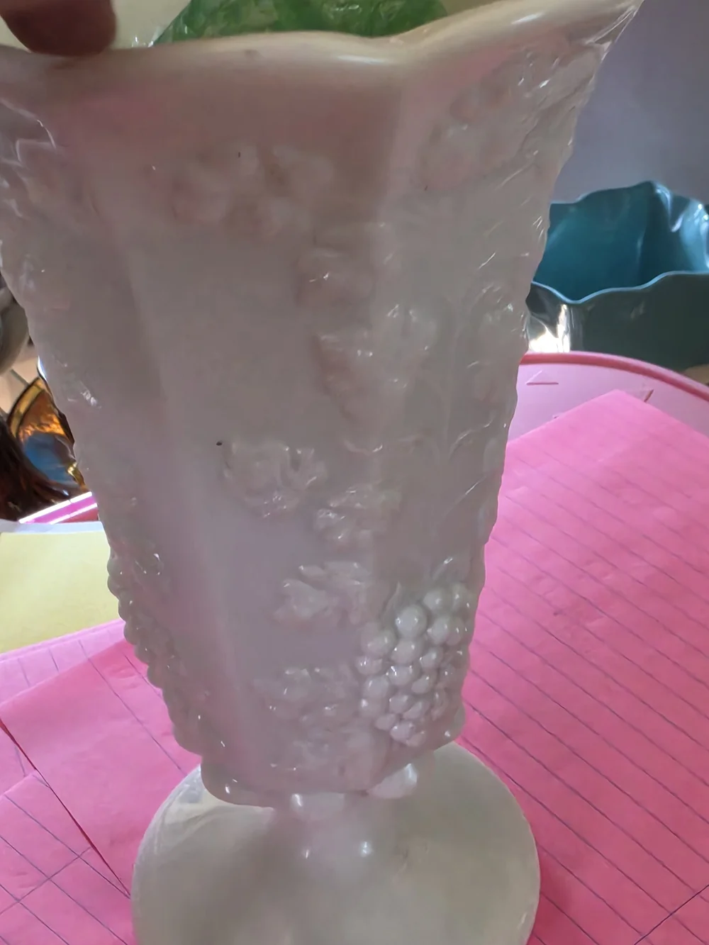 AT-1 White Floral Relief Milk Glass Pedestal Vase - Unbranded